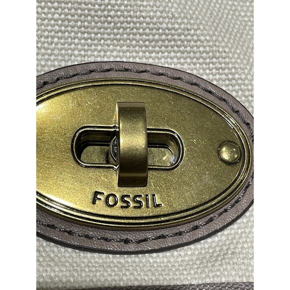 FOSSIL Long Live Vintage 54 Beige Canvas Messenger Bag Turn Lock Flap Lthr Trim - Picture 3 of 11
